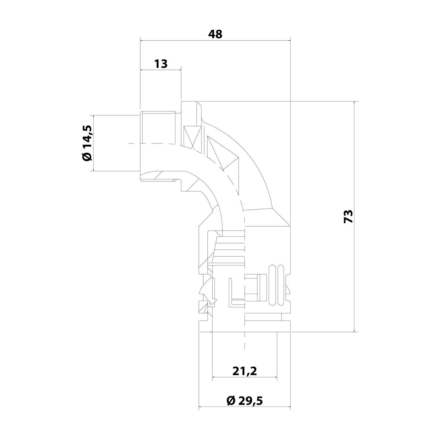 Eine technische Zeichnung eines L-förmigen Rohrverbinders mit Maßangaben: Gesamtbreite 48 mm, Höhe 73 mm, verschiedene Durchmesserangaben bereitgestellt.