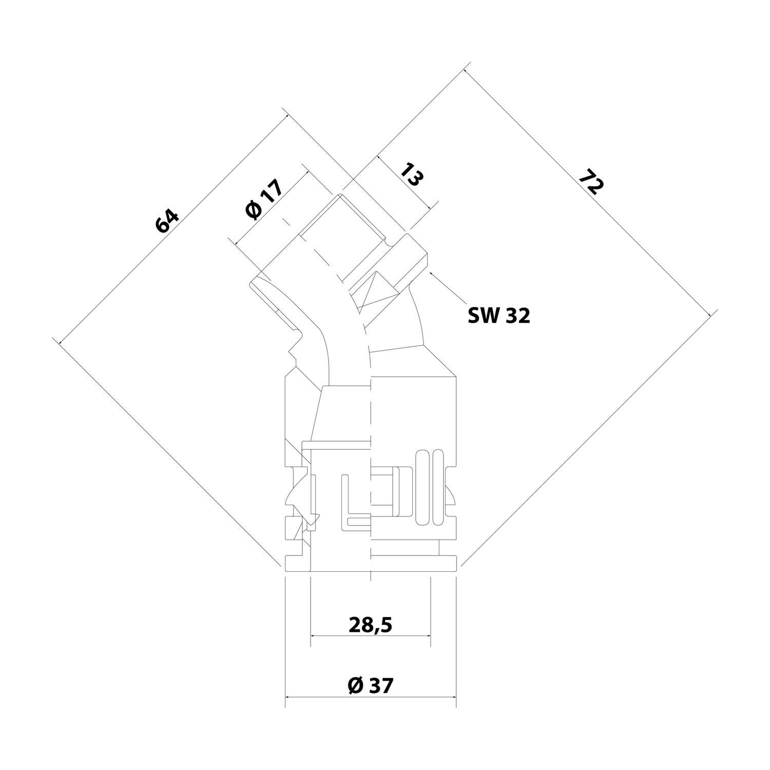 Eine technische Zeichnung eines Rohrbogen mit Maßen: Durchmesser 17, 37; Länge 72, 64; Breite SW 32; Basis 28,5. Linien und Winkel beschriftet.