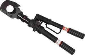 Ein hydraulisches Rettungswerkzeug mit schwarzen Griffen und Metallschneider, das in Notsituationen verwendet wird, um Trümmer und Fahrzeuge zu durchtrennen.