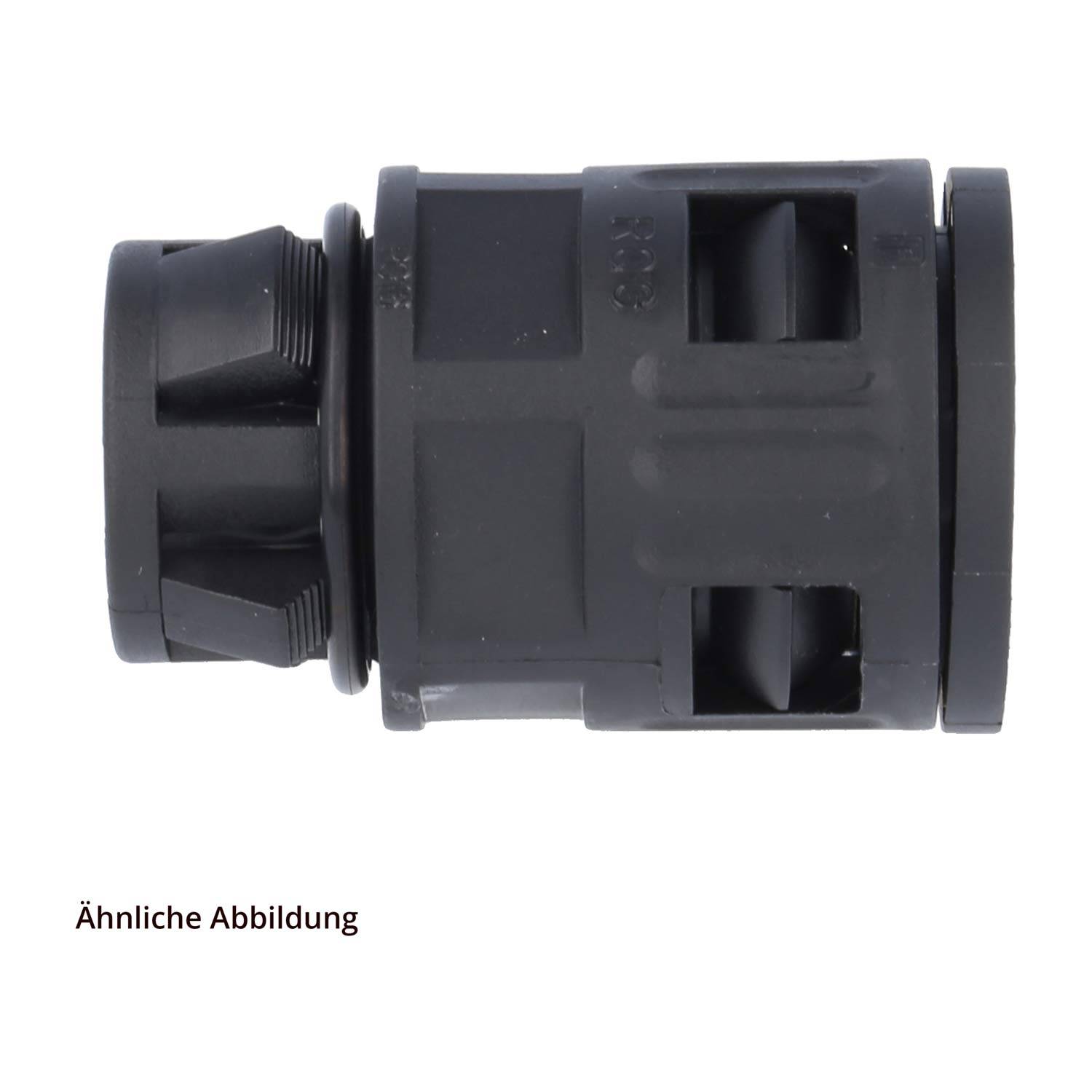 Eine schwarze zylindrische Komponente mit zwei großen rechteckigen Ausschnitten, die einem Stecker oder Anschluss ähnelt, vor einem einfarbigen weißen Hintergrund.