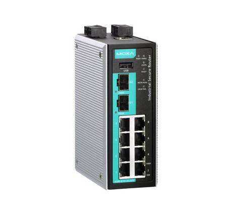 Ein industrieller Ethernet-Switch mit mehreren Ports und robustem Design für den Einsatz in rauen Umgebungen, gekennzeichnet mit 'Moxa'.