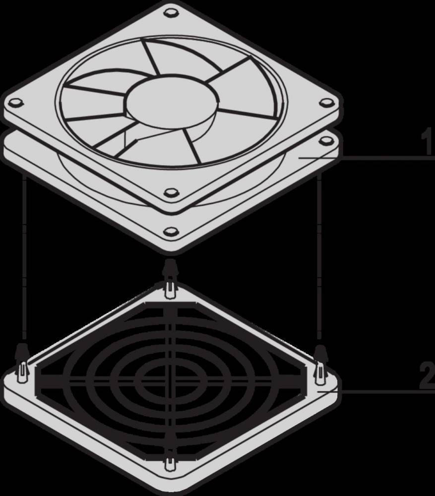 Eine Explosionszeichnung, die eine Computerventilator-Baugruppe mit nummerierten Teilen zeigt: obere Faneinheit, mittlerer Rahmen und unteres Gitter.