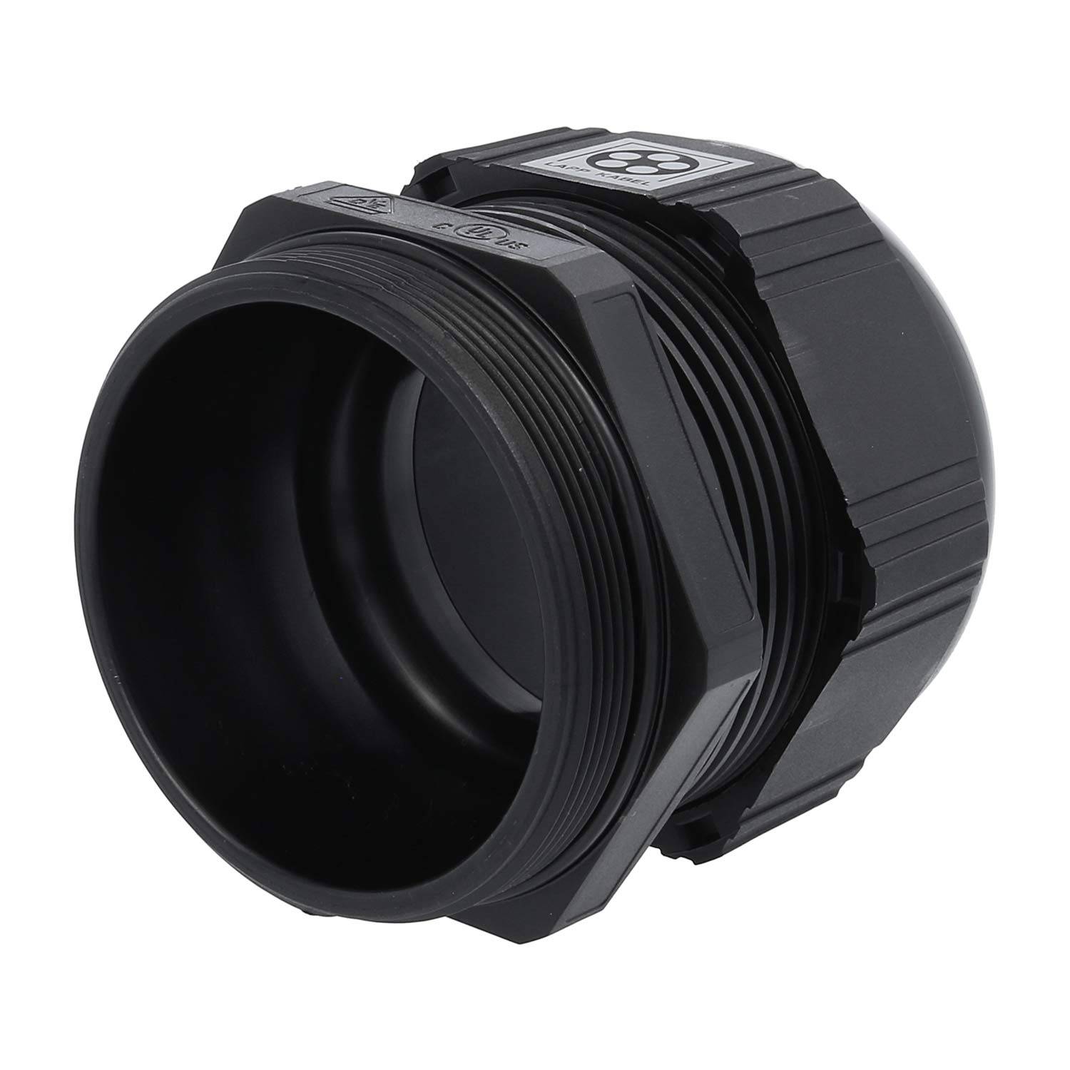 Eine schwarze, gewinde Kunststoffkappe, die zum Verschließen oder Abdecken von Rohrendigungen oder Fittings ausgelegt ist.