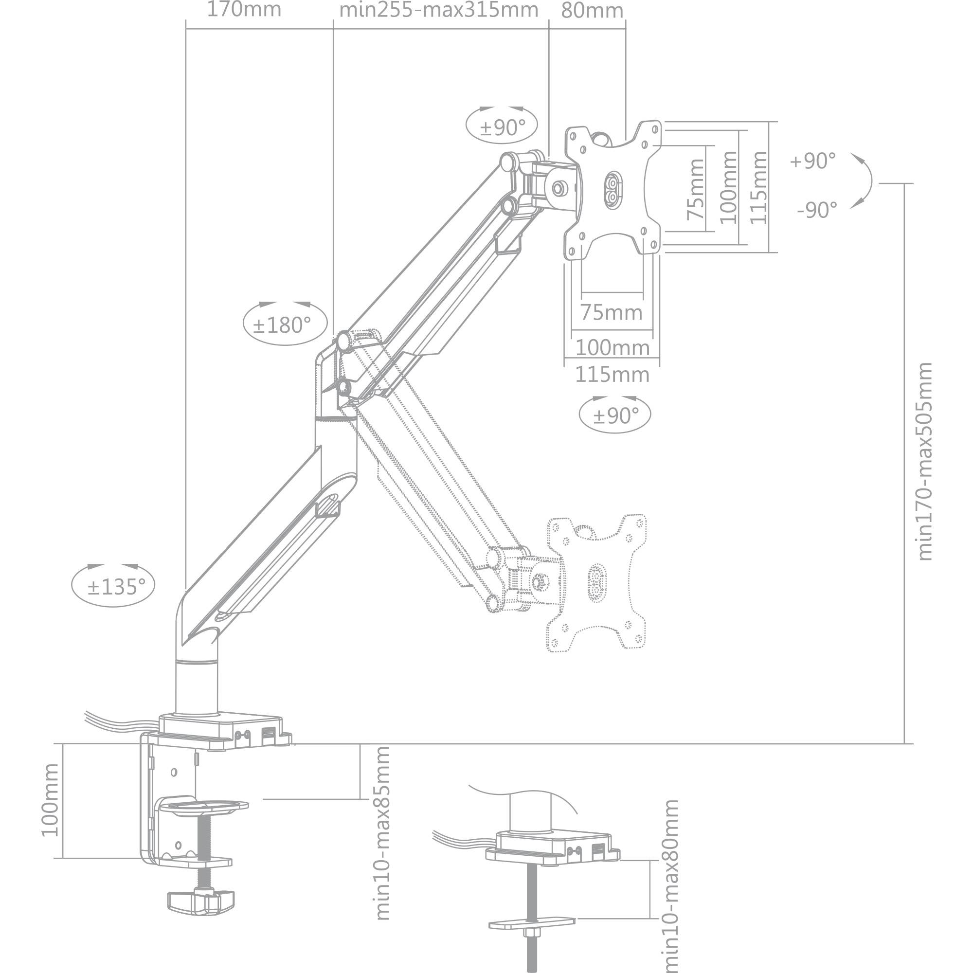 INLINE - Tischhalterung mit Lifter und USB/Audio bis max. 82cm 32"" 9kg