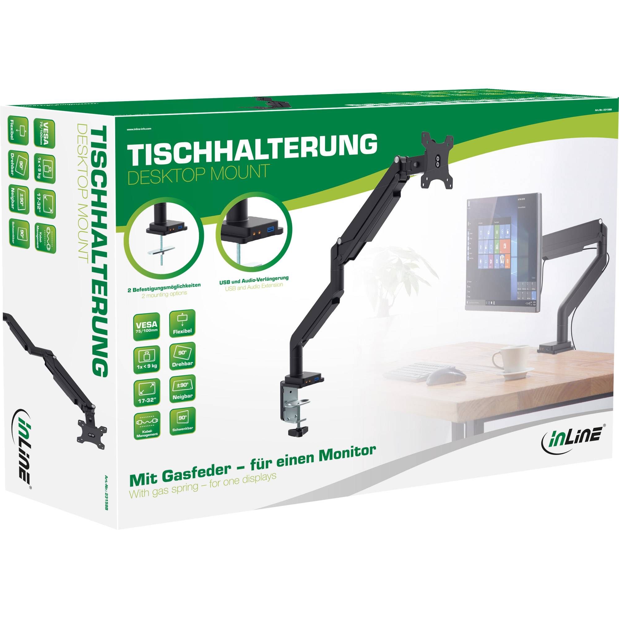 INLINE - Tischhalterung mit Lifter und USB/Audio bis max. 82cm 32"" 9kg
