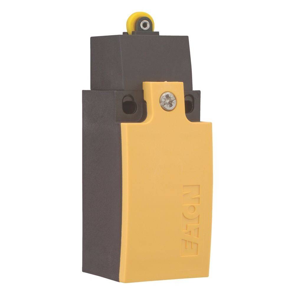 Ein gelb-schwarzer industrieller Schalter mit einem Knopf oben, entwickelt für Maschinensteuerung, mit der auf der Vorderseite eingeprägten Marke 'EATON'.