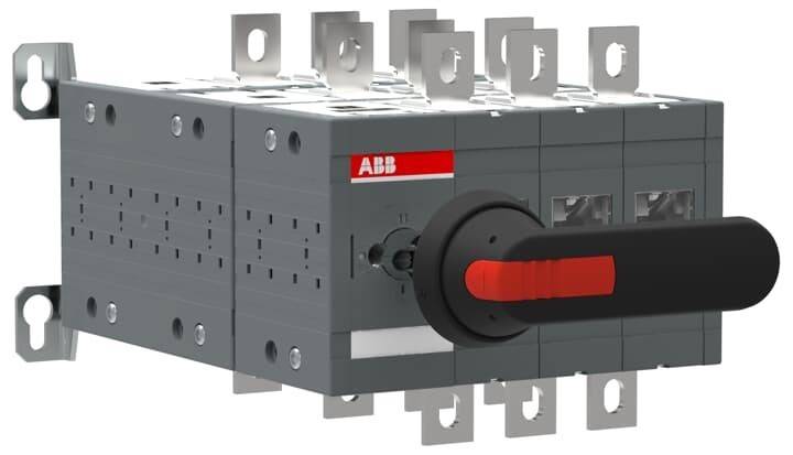 Industrielle Schaltgerätekomponente mit einem großen roten und schwarzen Drehgriff, entwickelt von ABB, verwendet zur Steuerung elektrischer Schaltkreise.