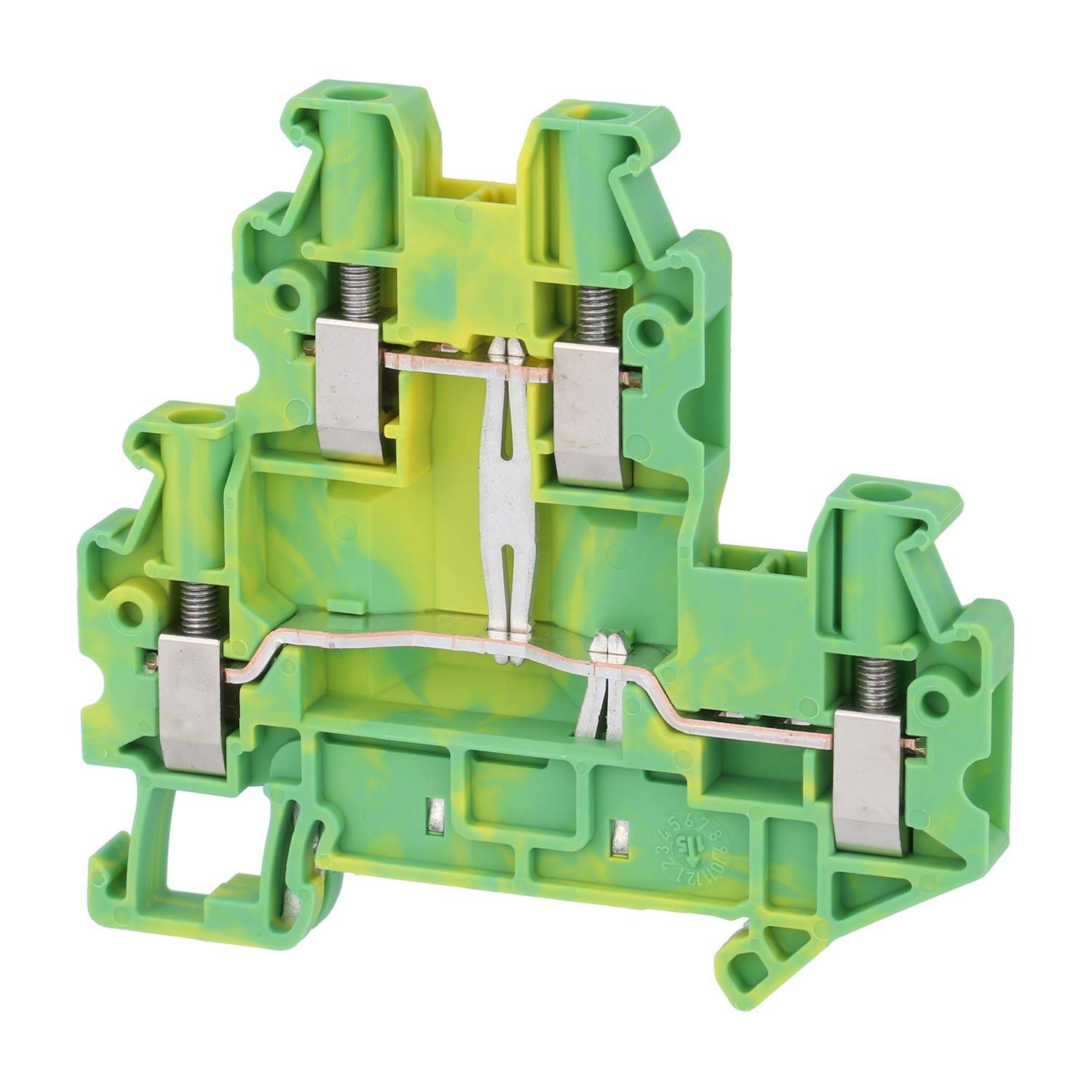 Querschnitt eines grün-gelben Elektro-Klemmleisten-Blocks mit internen Metallfedern-Klemmvorrichtungen und Schraubverbindungen.