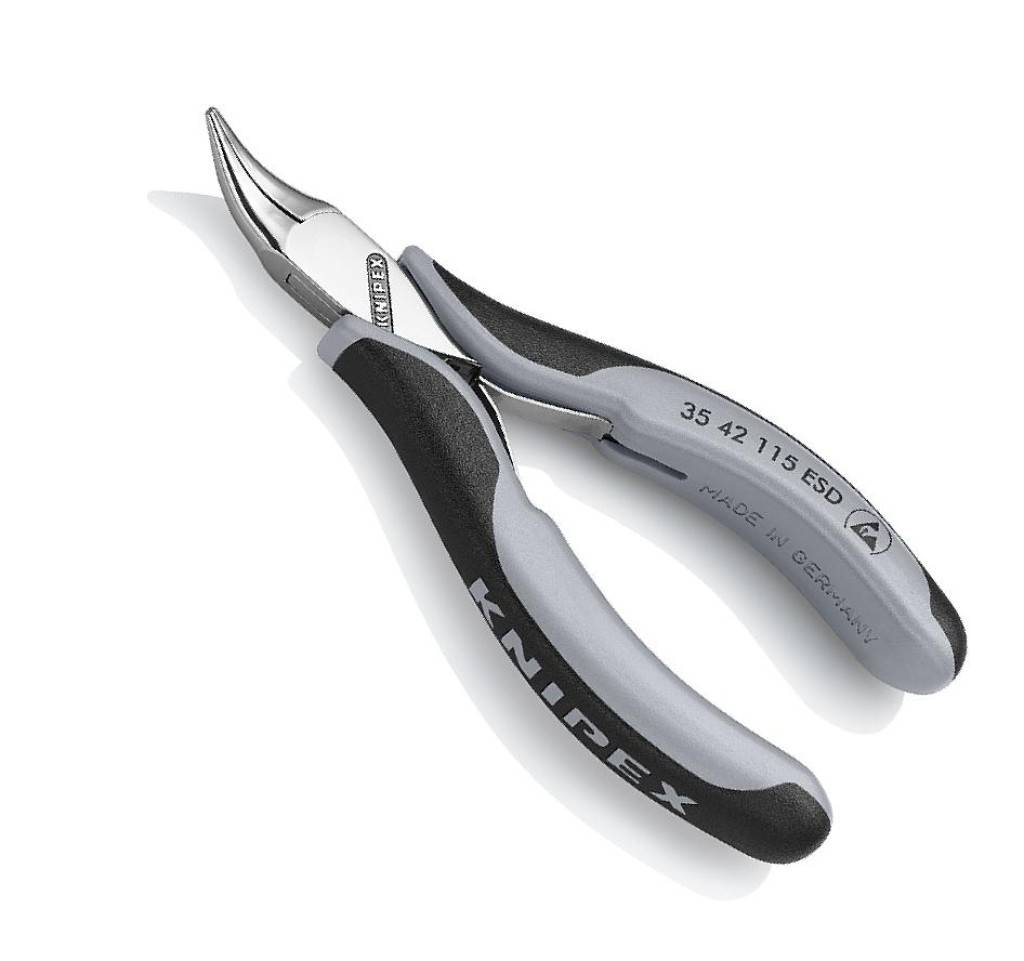 KNIPEX Spitzzangen mit abgewinkeltem Kopf mit schwarzen und grauen ergonomischen Griffen auf weißem Hintergrund.