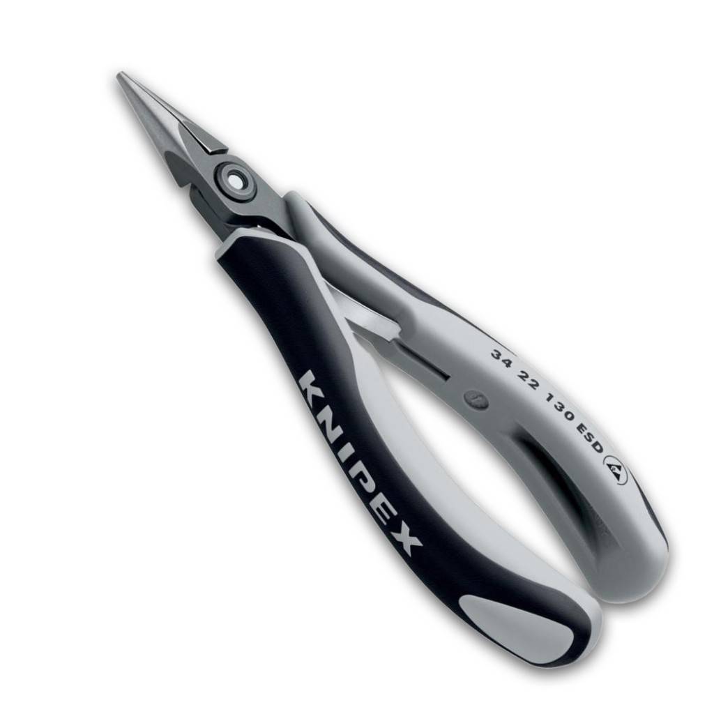 KNIPEX Spitzenzange mit schwarz-silbernen Griffen, vor weißem Hintergrund abgebildet.