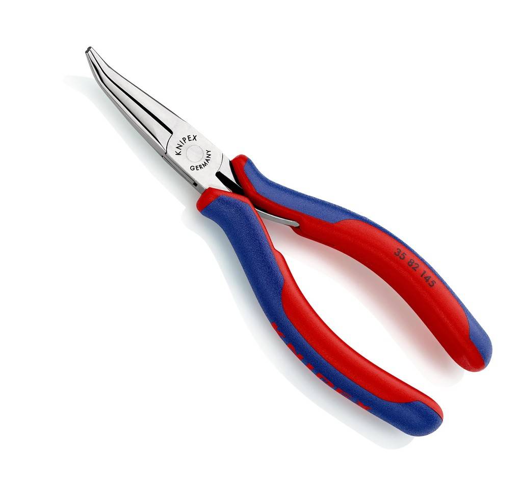 Spitzzange mit roten und blauen Griffen auf weißem Hintergrund, gekennzeichnet mit KNIPEX Deutschland.