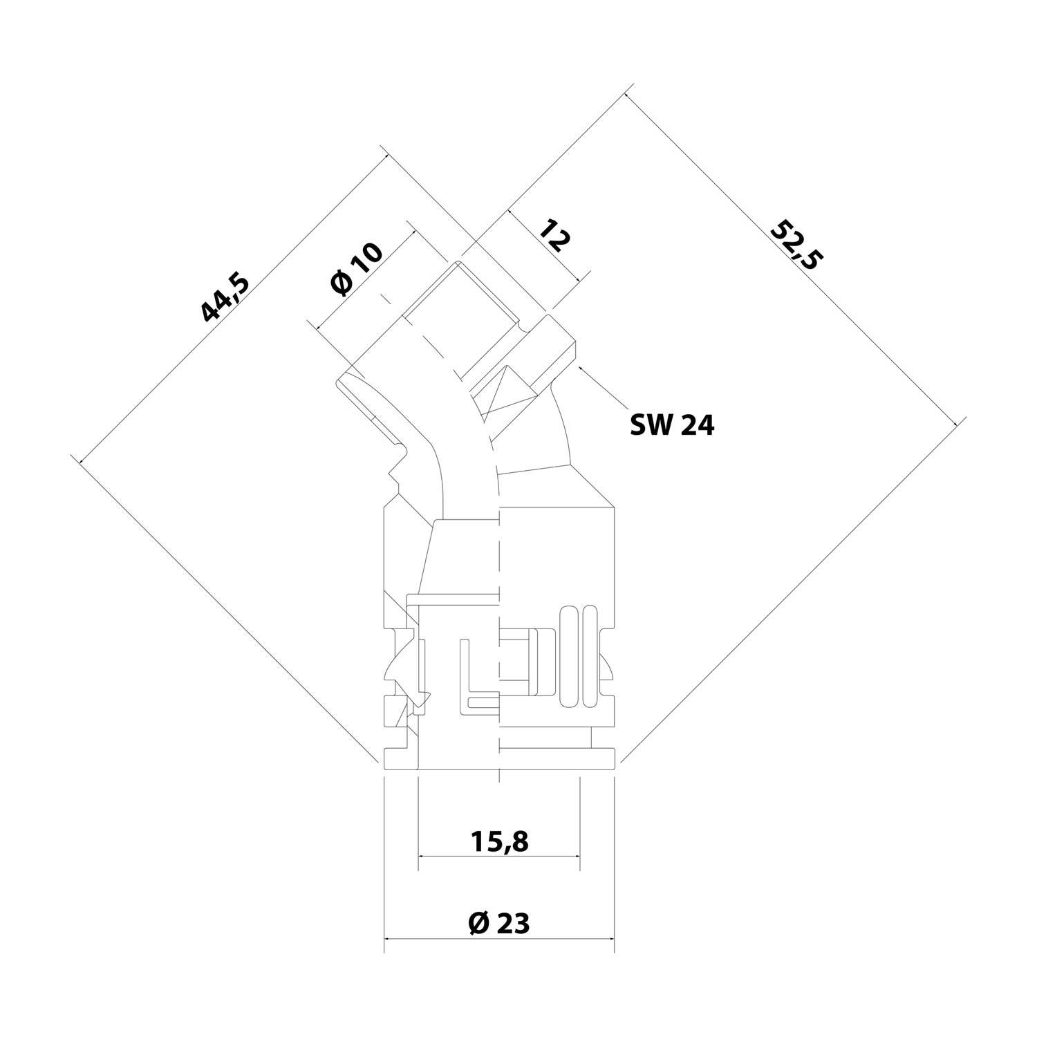 Technische Zeichnung einer Rohrverschraubung mit Abmessungen: Gesamtlänge 52,5, Breite 23, Höhe 44,5, Durchmesser 10, und Schlüsselweite SW 24.