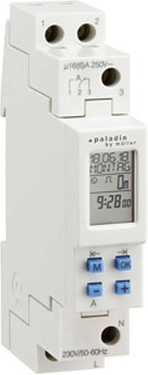 Ein digitaler Zeitschalter, der '9:28' anzeigt, mit Tasten und Einstellungen. Das Display enthält Datums- und Zeitinformationen.