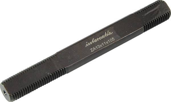 Eine Nahaufnahme eines schwarzen Werkzeugs mit der Markierung 'intercable ZA13x11x105', was darauf hindeutet, dass es sich um ein Teil oder eine Komponente handelt, möglicherweise für elektrische oder mechanische Anwendungen.
