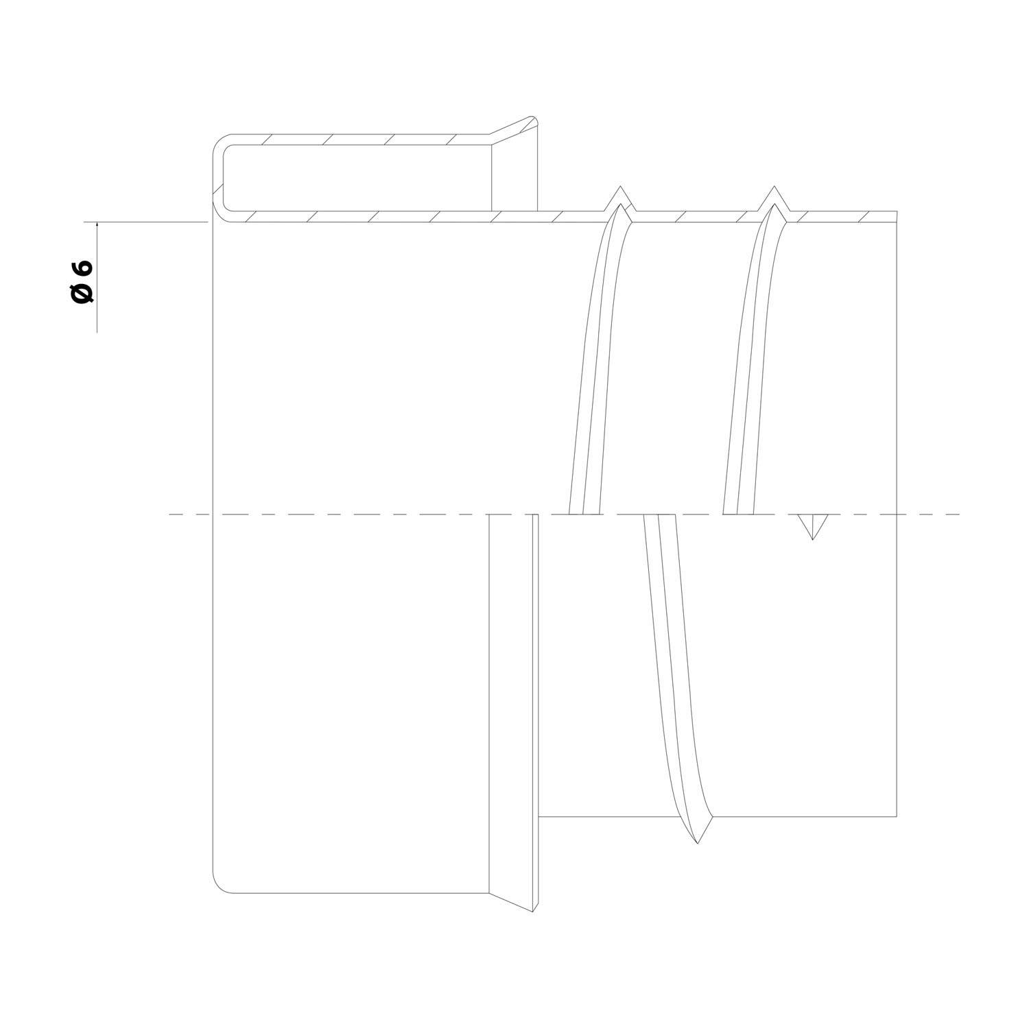 Technische Zeichnung einer Komponente mit einem zylindrischen Abschnitt, dessen Durchmesser mit 'Ø6' gekennzeichnet ist. Das Design umfasst mehrere Nuten und Schlitze.