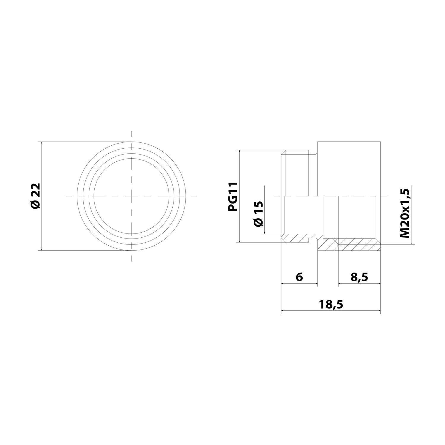 Technisches Diagramm einer zylindrischen Komponente mit einem Durchmesser von 22 Einheiten, mit detaillierten Messungen von Nuten und Gewinden.