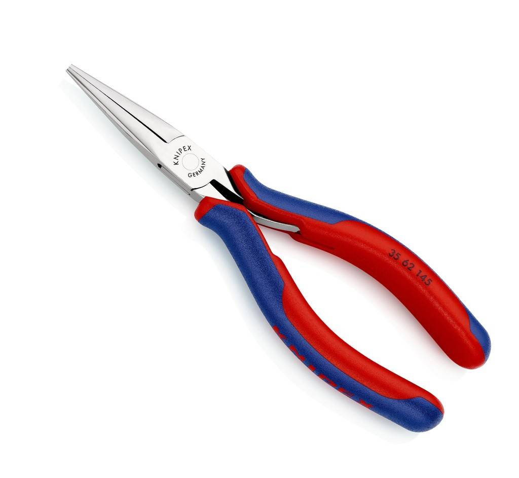 Rote und blaue Knipex Spitzzangen mit langen konischen Backen auf weißem Hintergrund.