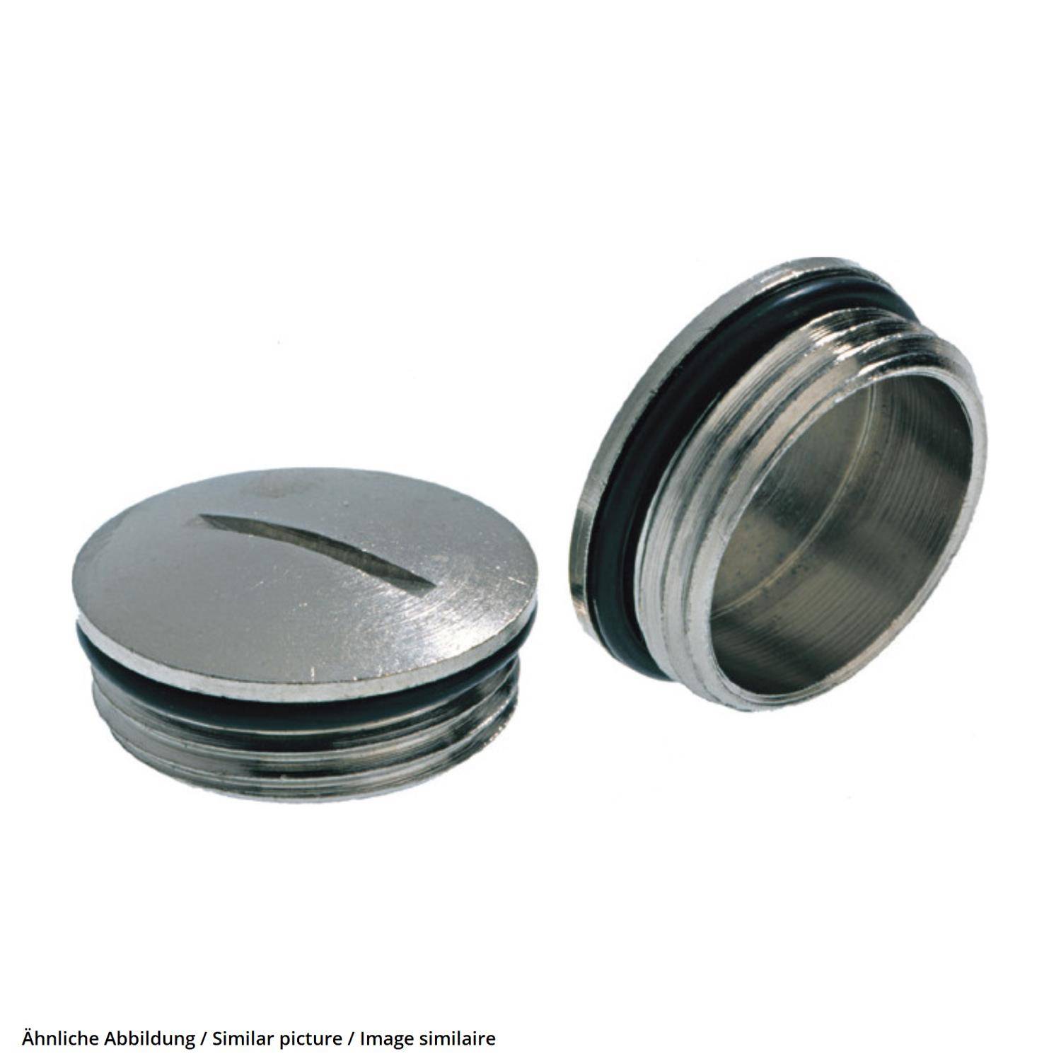 Zwei metallische Schraubstopfen mit Gummidichtungen, einer aufrecht stehend und der andere auf der Seite liegend, die deren Design und Struktur veranschaulichen.