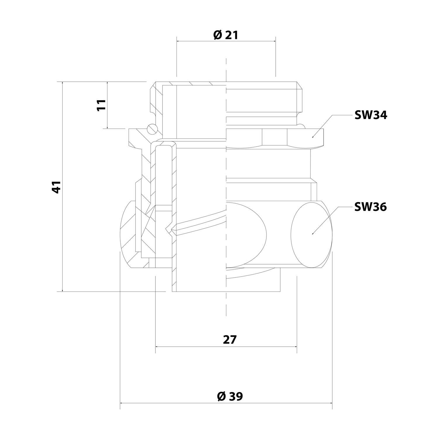 Technische Zeichnung einer mechanischen Komponente mit Seitenansicht-Dimensionen: Durchmesser 21 mm, 39 mm, Höhen 11 mm, 41 mm; SW34, SW36 Schlüsselweiten angegeben.