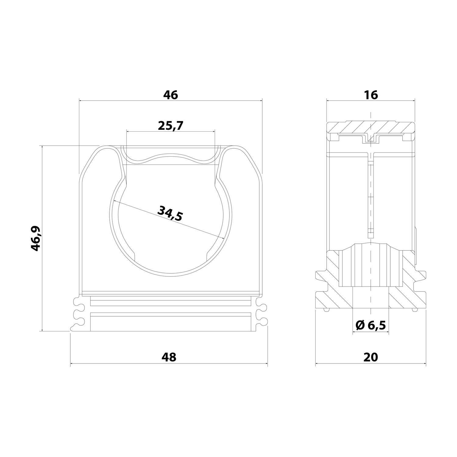 Technische Zeichnung eines zylindrischen Bauteils mit Abmessungen: 46,9 mm Höhe, 46 mm Breite und 16 mm Seitenansichtsbreite. Innendurchmesser mit 25,7 mm dargestellt.