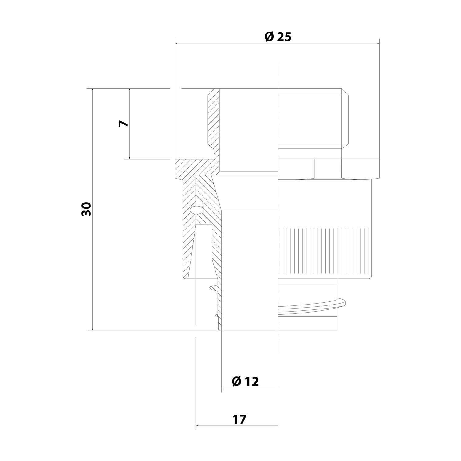 Technisches Diagramm mit Abmessungen einer mechanischen Komponente, mit einer Höhe von 30 mm, einem Durchmesser von 25 mm und einem kleineren Abschnitt mit einem Durchmesser von 12 mm.
