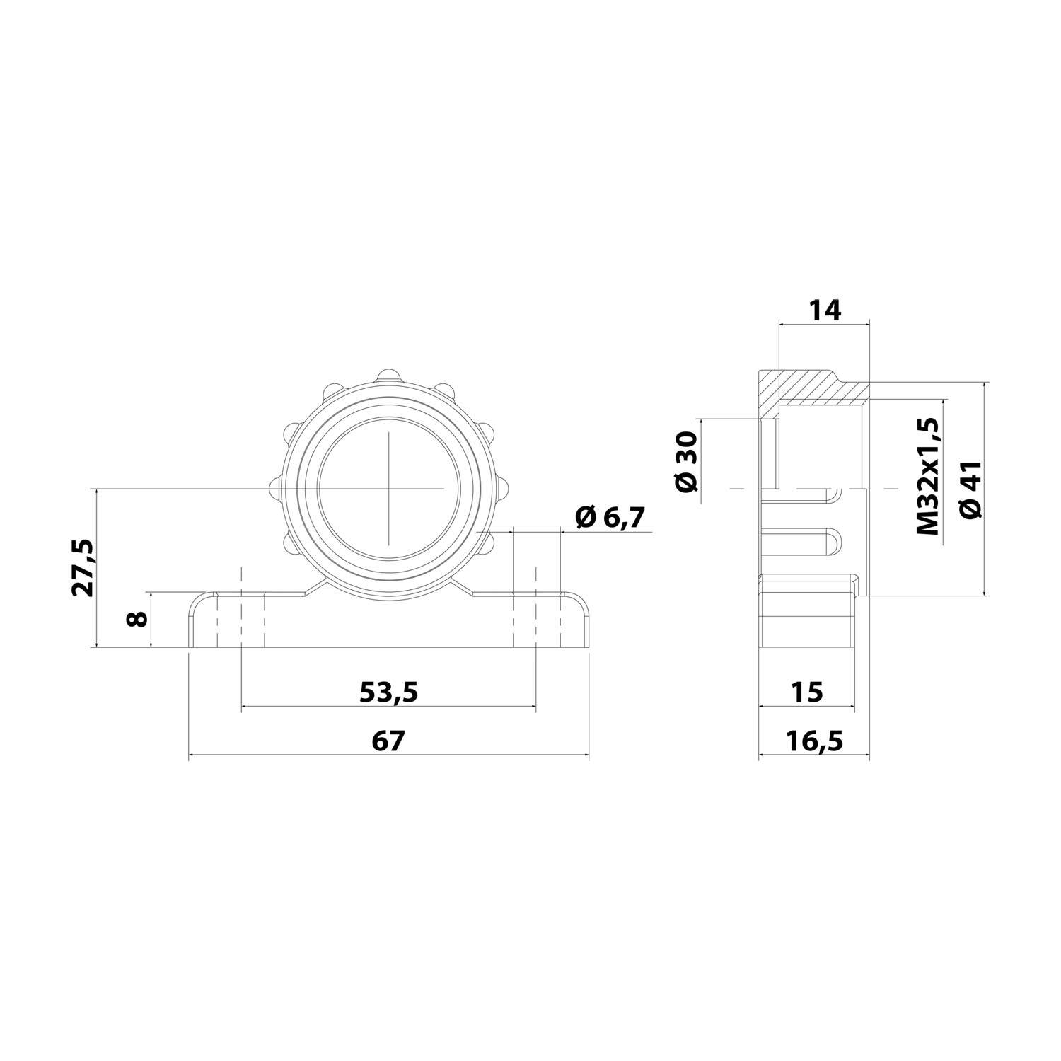 Technische Zeichnung eines Rohranschlusses mit Abmessungen: 67 mm Breite, 53,5 mm Höhe und 27,5 mm oberer Abschnitt. Mehrere beschriftete Teile.
