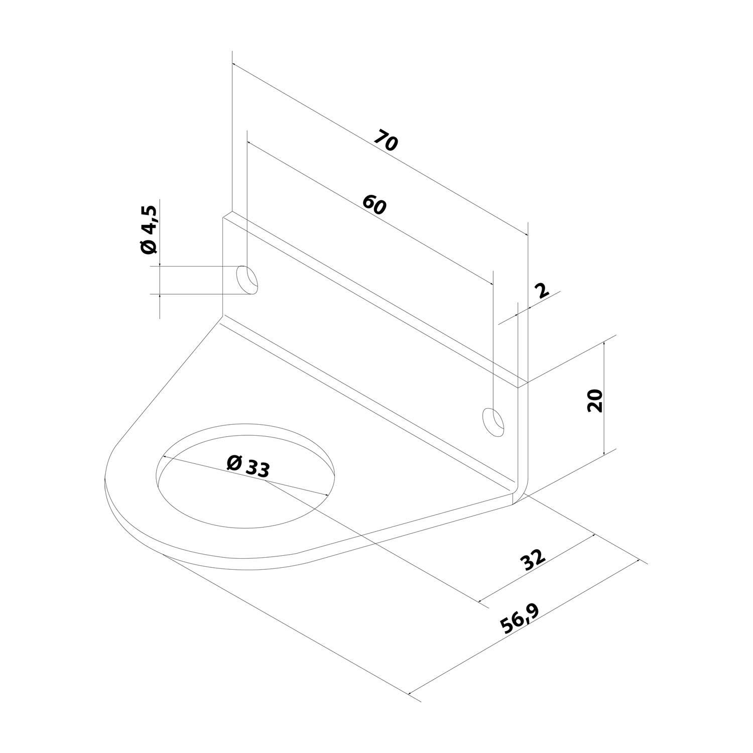 FLEXA FBW Befestigungswinkel mit Durchgangsbohrung für M32 Schlauchverschraubungen Anschraubloch 60,0mm Bohrung 2x4,5mm