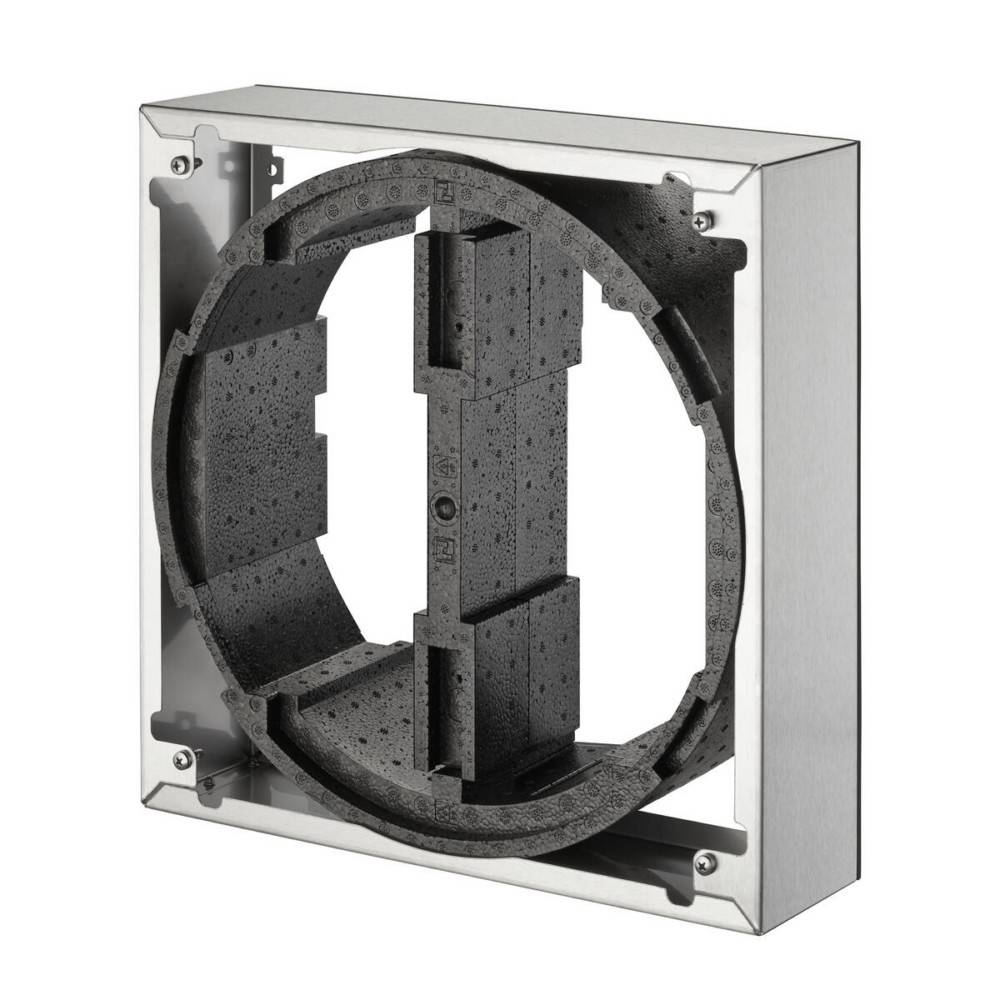 Das Bild zeigt einen Lüftungsgitterrahmen aus Metall und Schaum, quadratisch mit einer kreisförmigen Öffnung, der für den Luftstrom in HVAC-Systemen konzipiert ist.