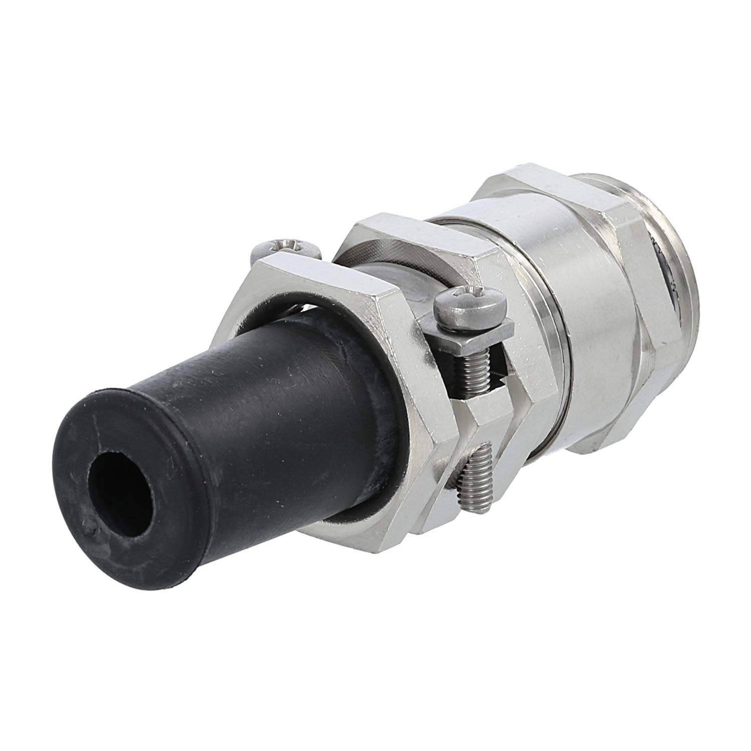 Eine Metallkabelmuffe mit schwarzer Gummidichtung und Sechskantmuttern, verwendet zum Befestigen von Kabeln in elektrischen Geräten, mit gewindeförmigem Gehäuse.