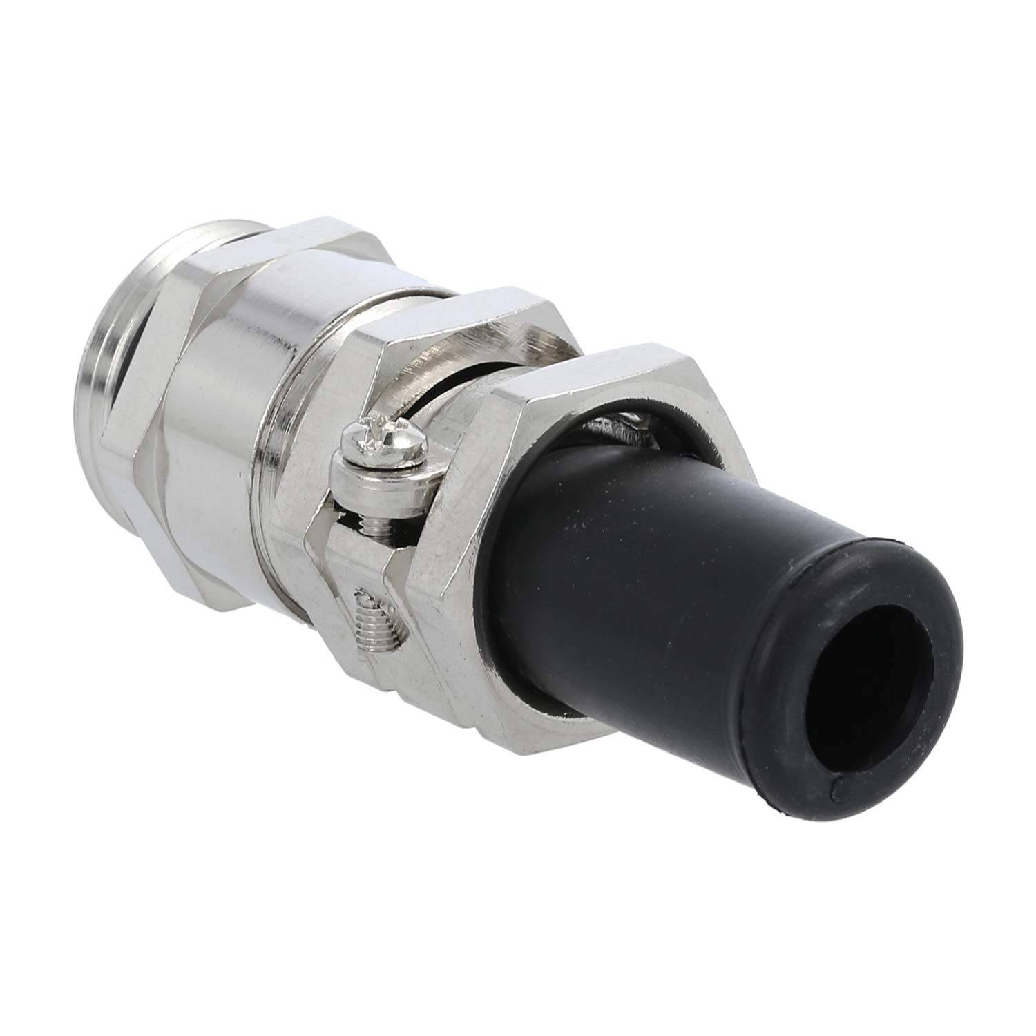 Ein Metallkabelschuh mit einer schwarzen Gummidichtungskomponente, der zum Befestigen und Schutz von Kabeln verwendet wird, die in ein elektrisches Gerät eindringen.