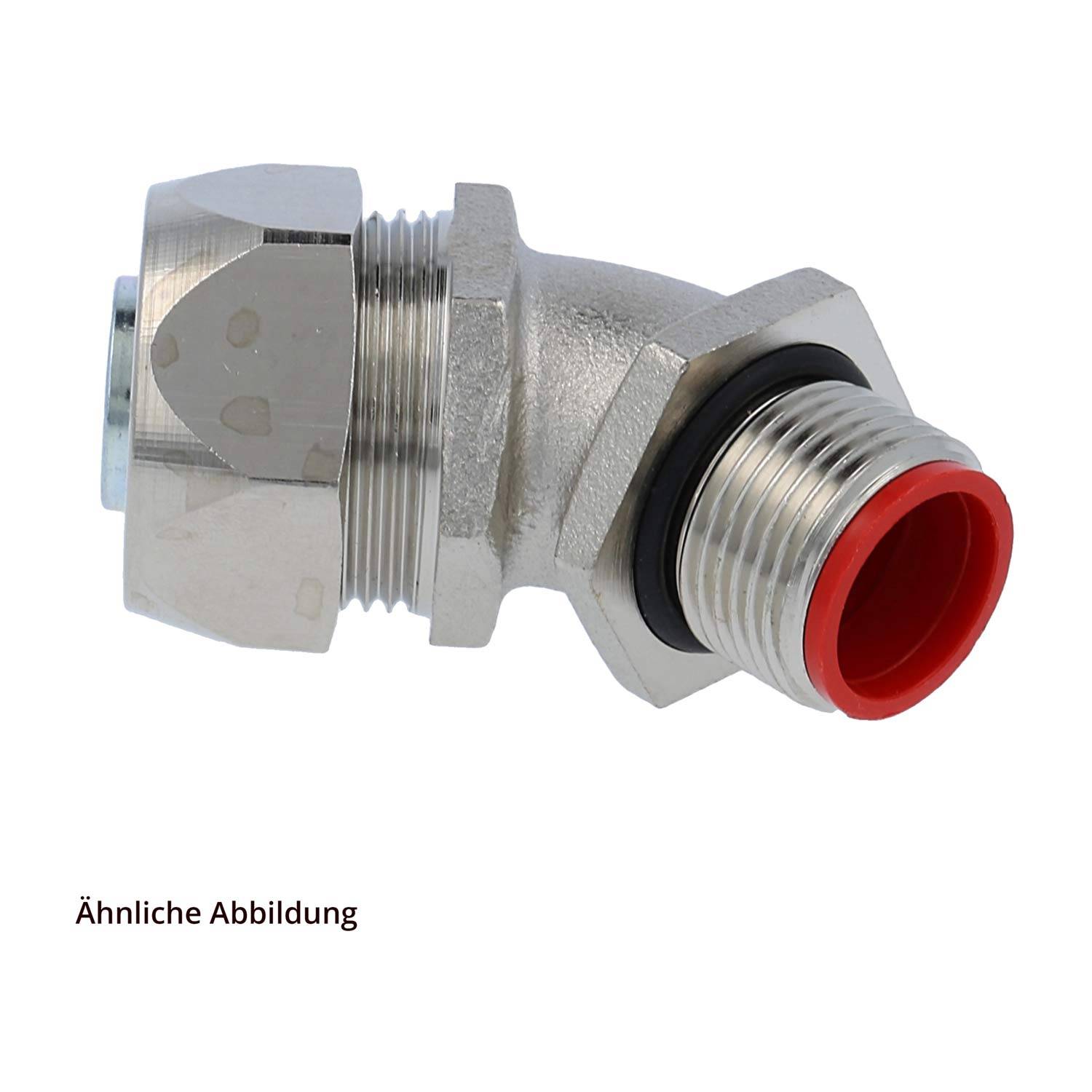 Eine silberne Metallhydraulik-Drehverbindung mit einer roten Kappe, die für Fluidübertragungsverbindungen vorgesehen ist und männliche und weibliche Anschlüsse aufweist.