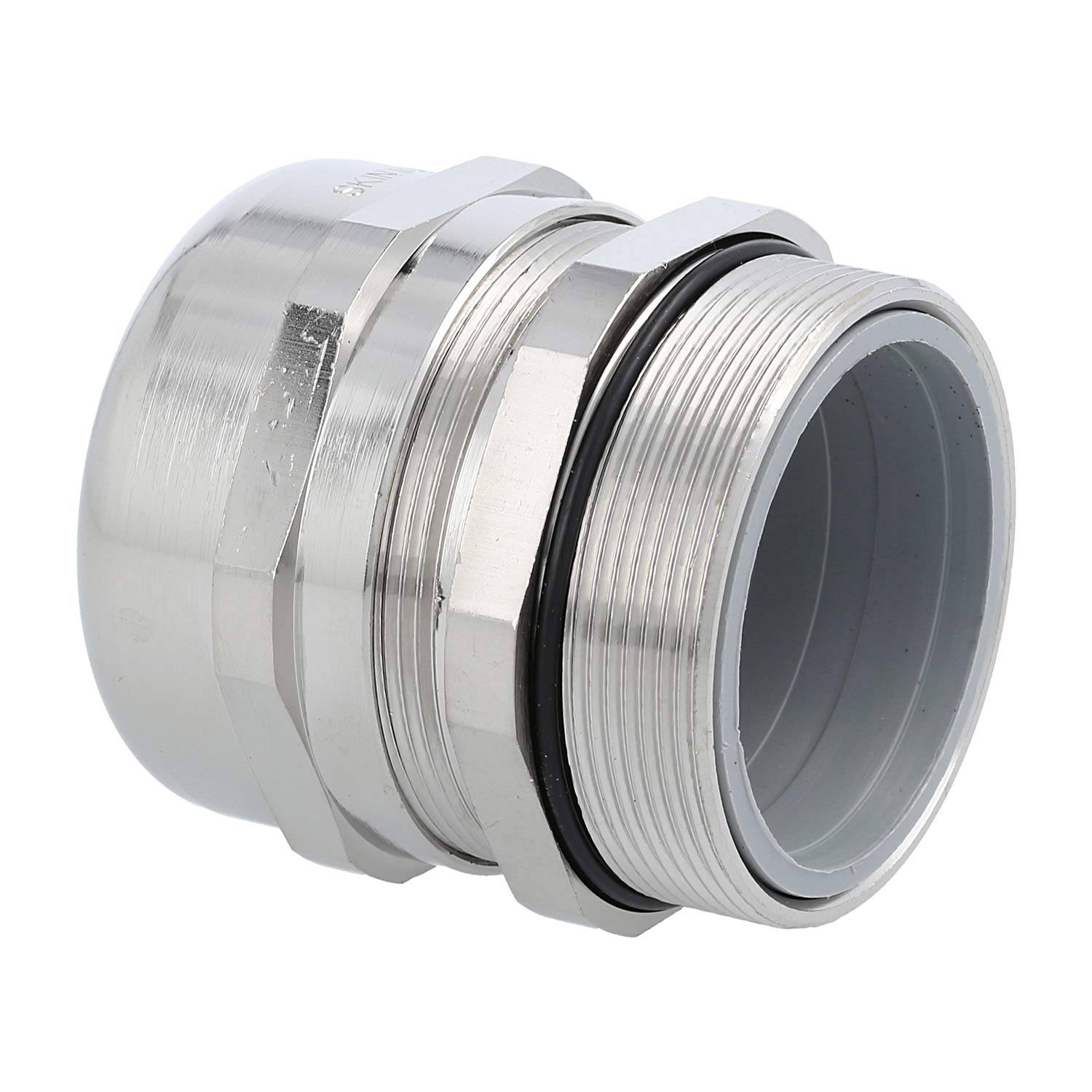 Eine Metallkabelmuffe mit Gewindelauf und Gummidichtung, verwendet zum Sichern von Kabeln in elektrischen Geräten oder Gehäusen.