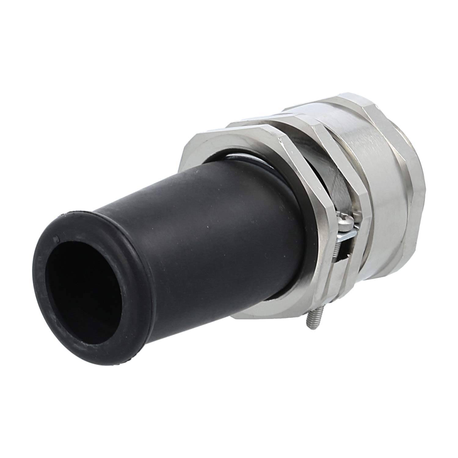 Eine Metallkabeleinführung mit schwarzer Gummieinsatz. Sie hat ein Gewinde und wird verwendet, um Kabel zu sichern und zu schützen, die in ein Gehäuse eindringen.