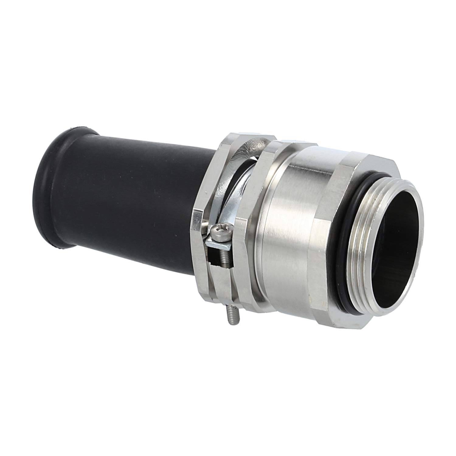 Metallische Kabelverschraubung mit Gewindeende, Gummidichtung und glatter, abgerundeter Kappe zum Befestigen und Abdichten von Kabeln in elektrischen Installationen.