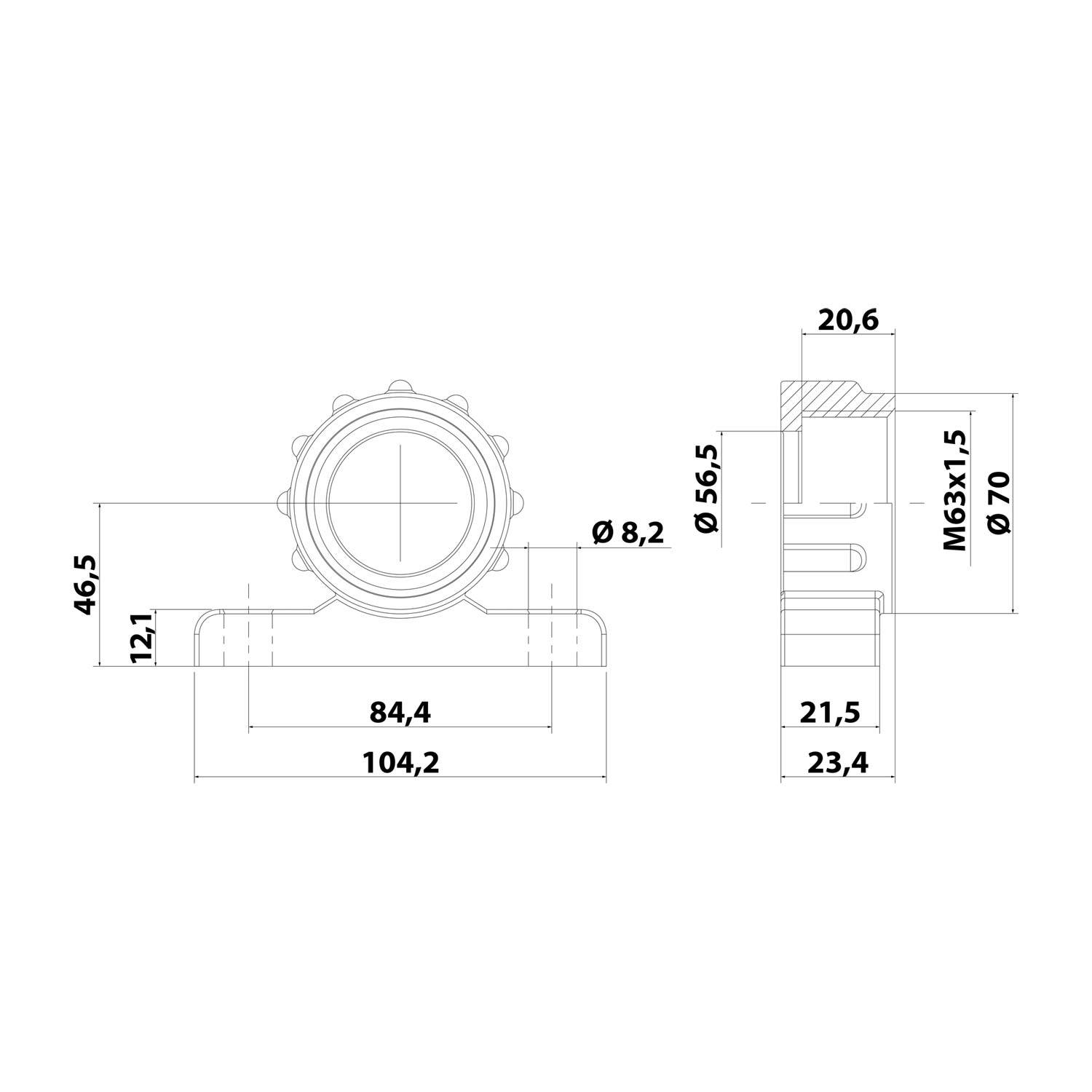 FLEXA FVBW Befestigungswinkel mit Gewinde M63x1,5 für M63 Schlauchverschraubungen Anschraubloch 84,4mm Bohrung 2x8,2mm