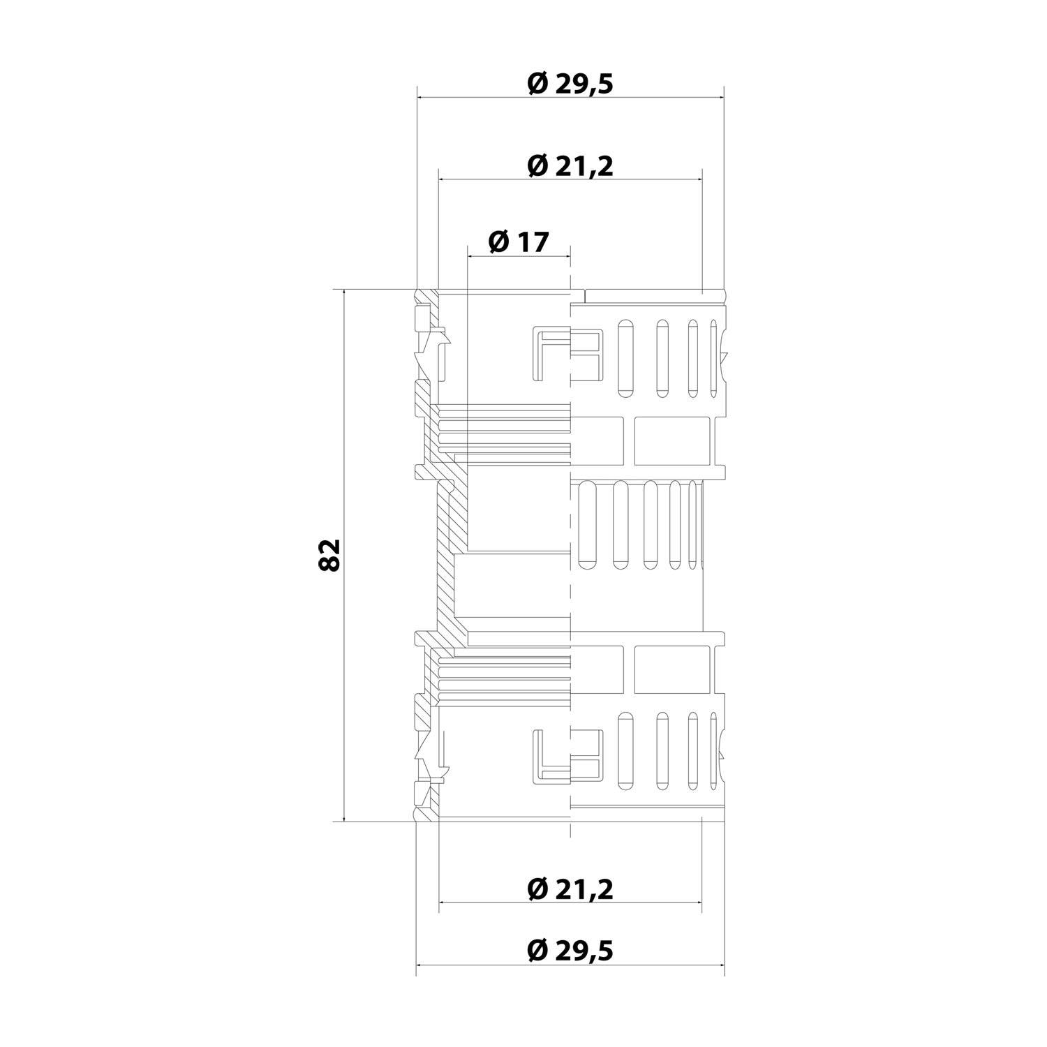 Technische Zeichnung einer zylindrischen Komponente mit Maßen: Länge 82 mm, Außendurchmesser 29,5 mm, Innendurchmesser 21,2 mm und 17 mm.
