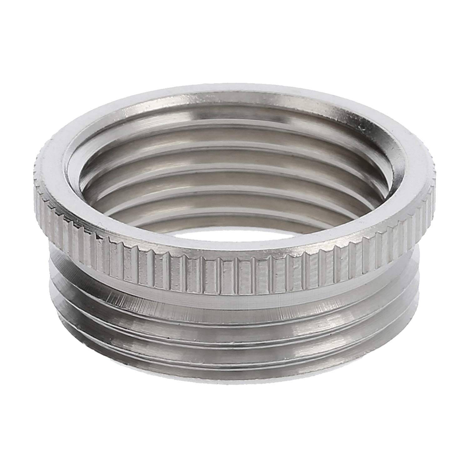 Ein Metallgewinde-Ring mit gerifften Kanten, der zum Sichern oder Verbinden von mechanischen Teilen verwendet wird.