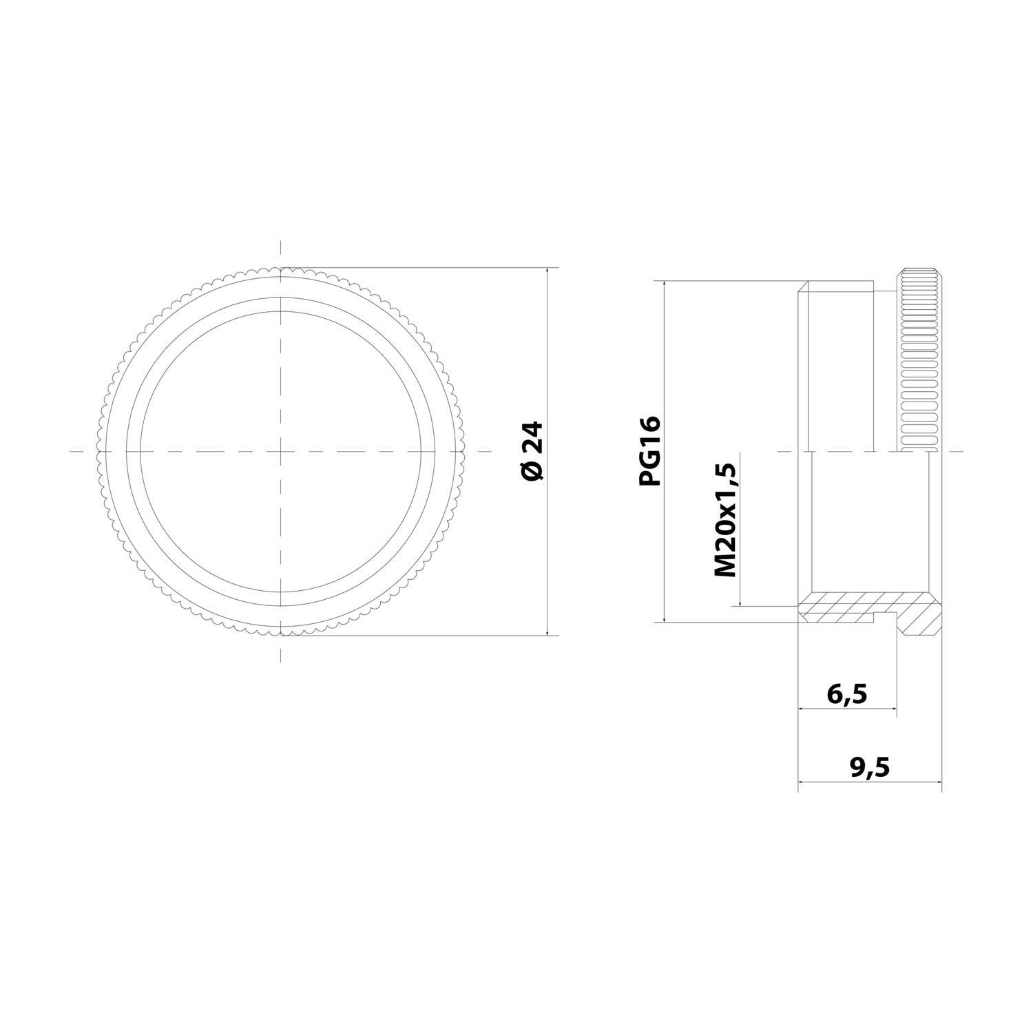 Eine messingfarbene zylindrische Armatur mit hohlem Zentrum und gerillten Kanten, verwendet für Sanitär- oder mechanische Verbindungen.