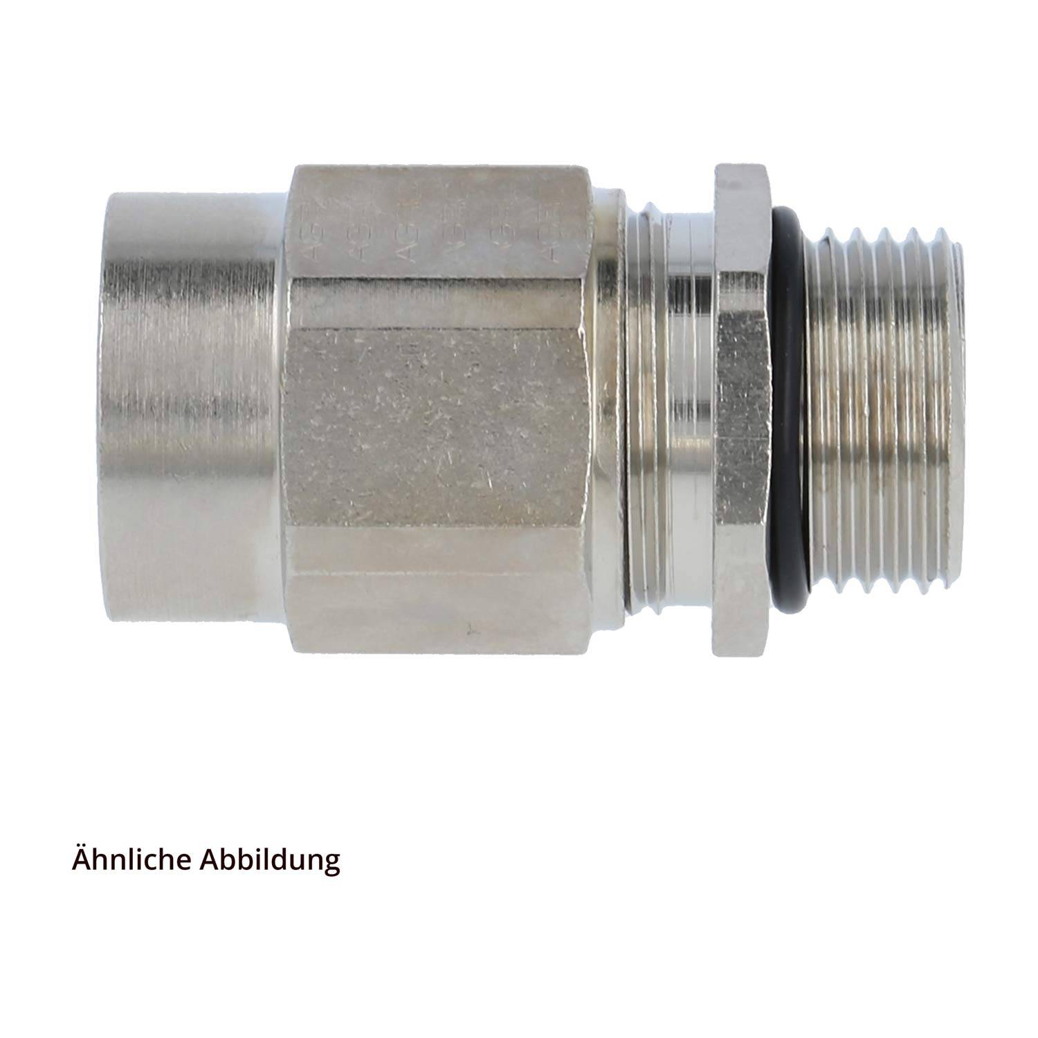 Ein Metallkupplungsverbinder mit sechskantiger Form und Gewinde an den Enden, wird zum Verbinden von Rohren oder Kabeln verwendet. Der Text lautet „Ähnliche Abbildung" (Ähnliche Darstellung).