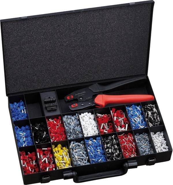 Öffne schwarze Werkzeugbox mit sortenreichen bunten Kabelverbindern und einer rotgriffigen Crimpzange.