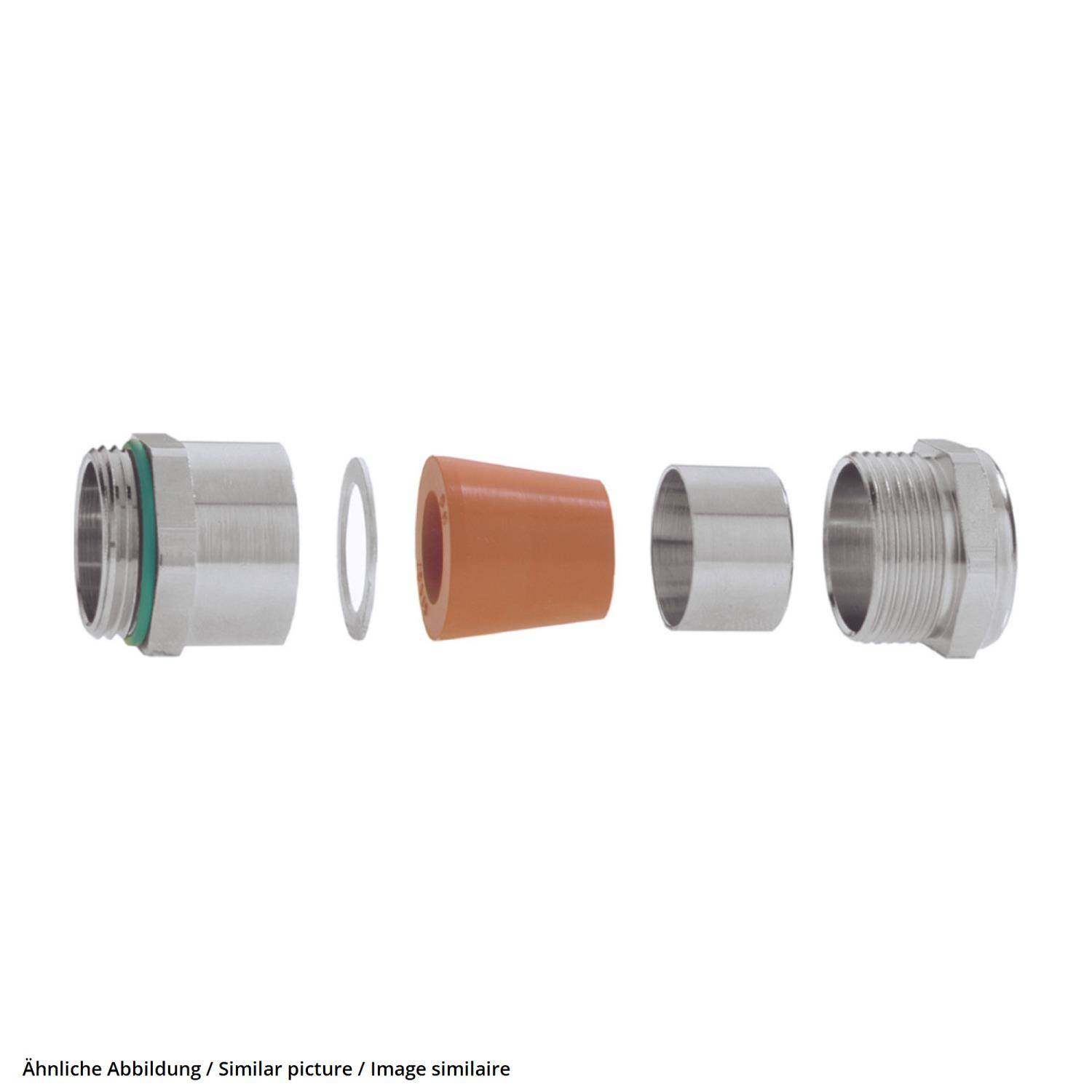 Explosionszeichnung einer Metallkabelverschraubung mit fünf Teilen, einschließlich Dichtung, Unterlegscheiben und einer Gewindeanschluss, von links nach rechts angeordnet.