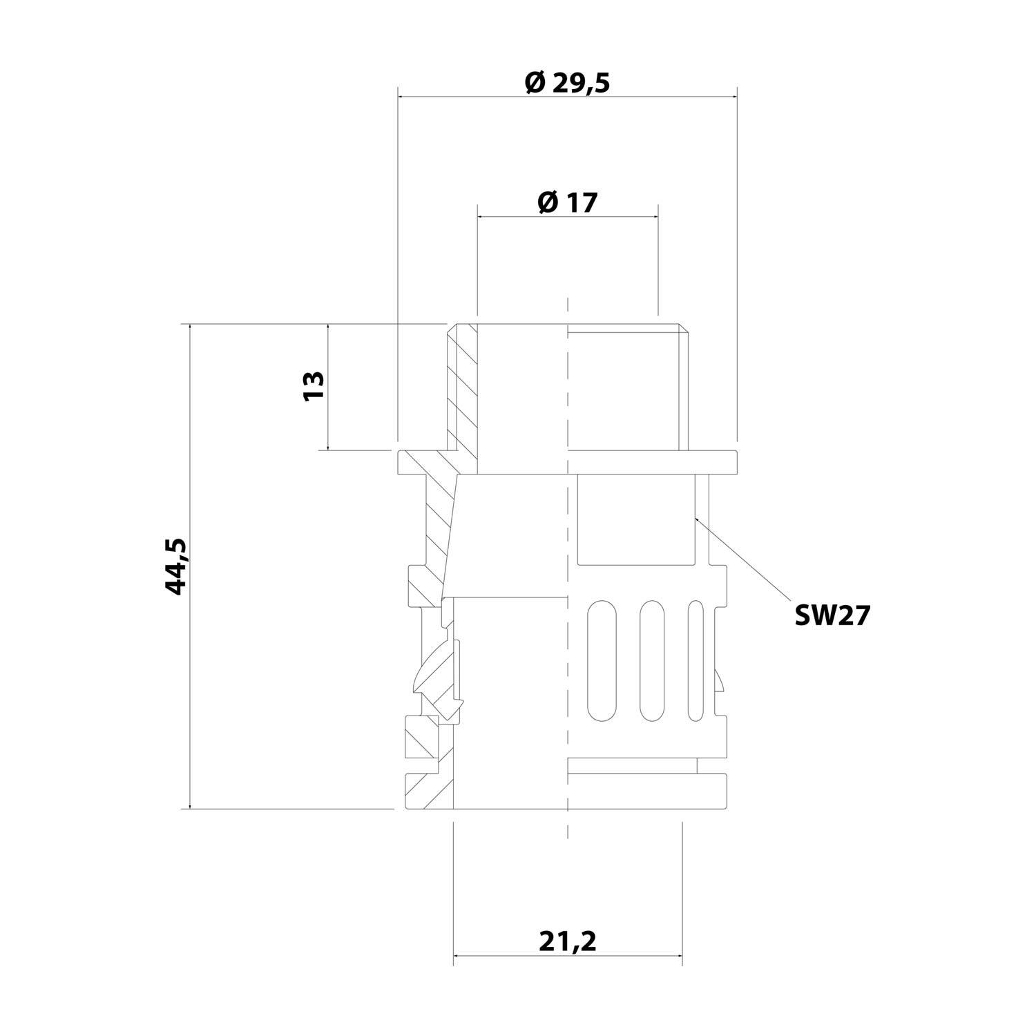 Technische Zeichnung eines zylindrischen mechanischen Bauteils mit Schlüsseldimensionen: 44,5 mm Höhe, 29,5 mm Außendurchmesser, 17 mm Innendurchmesser.