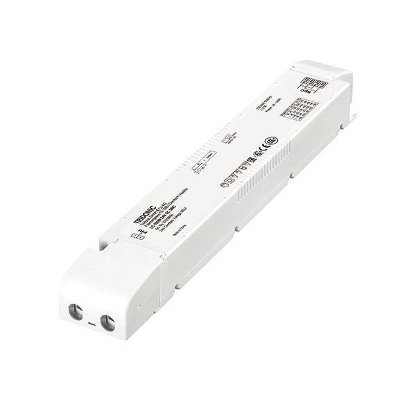 Ein rechteckiger weißer LED-Treiber mit aufgedruckten Spezifikationen und Logos auf seiner Oberfläche.