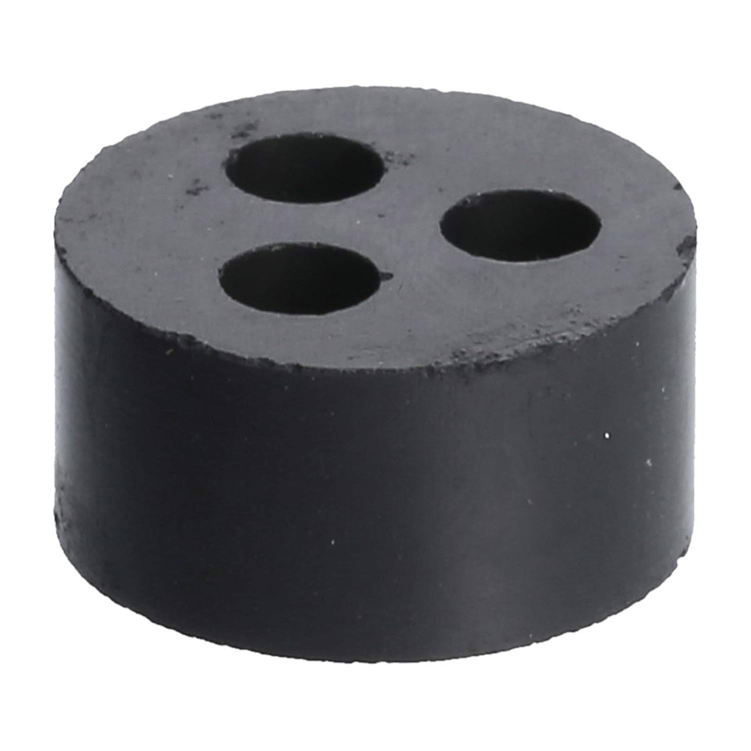 Ein runder schwarzer Gummistöpsel mit drei gleichmäßig auf der Oberseite angeordneten Löchern.