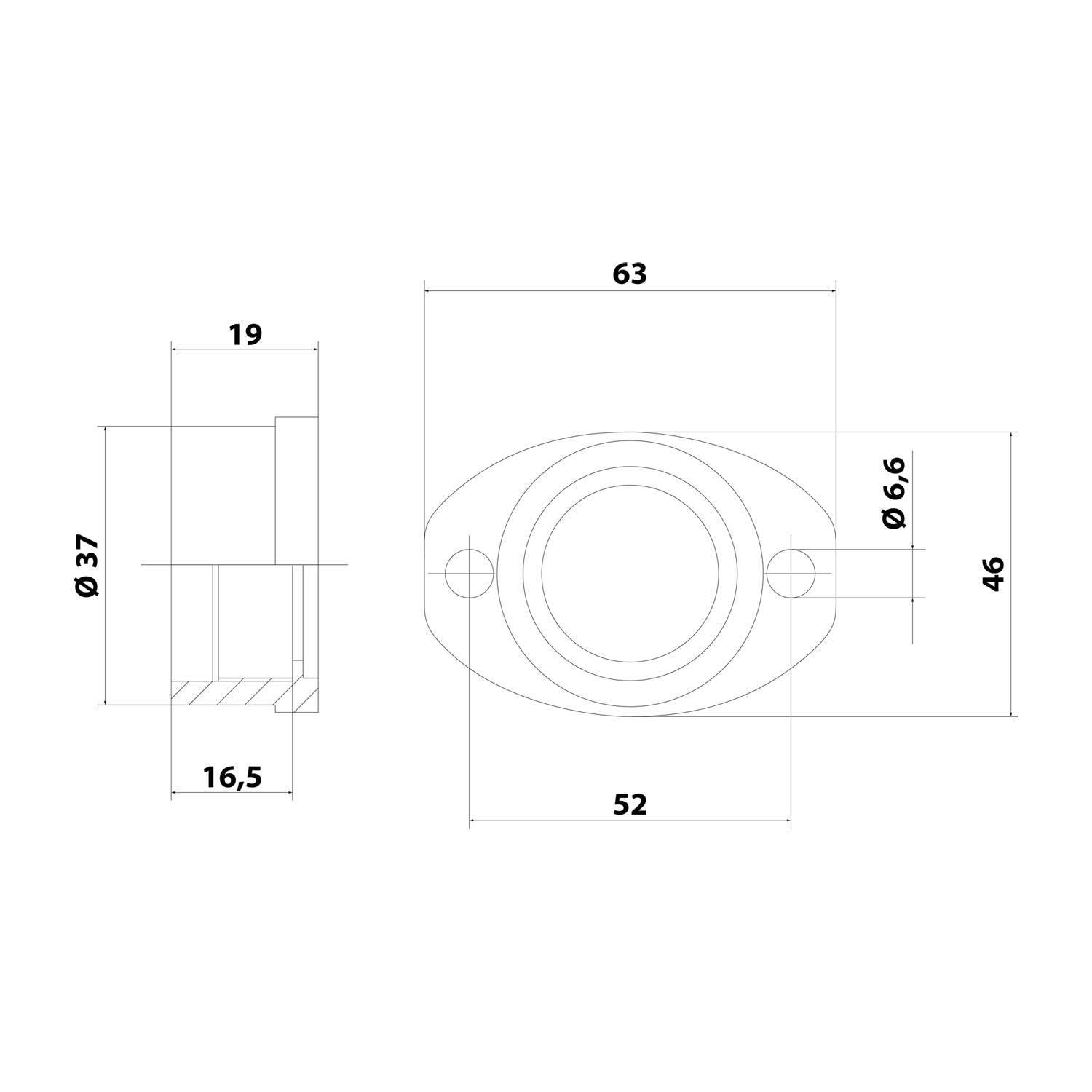 „Technische Zeichnung einer ovalen Komponente mit Maßangaben: äußere Länge 63 mm, Breite 46 mm, mit Löchern und hervorgehobenem Mittelbereich.