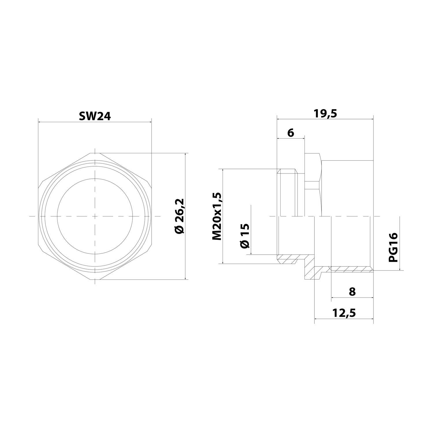 Technische Zeichnung einer zylindrischen Komponente. Frontansicht Durchmesser 26,2 mm, Seitenansicht Details Abmessungen von 19,5 mm und 12,5 mm.