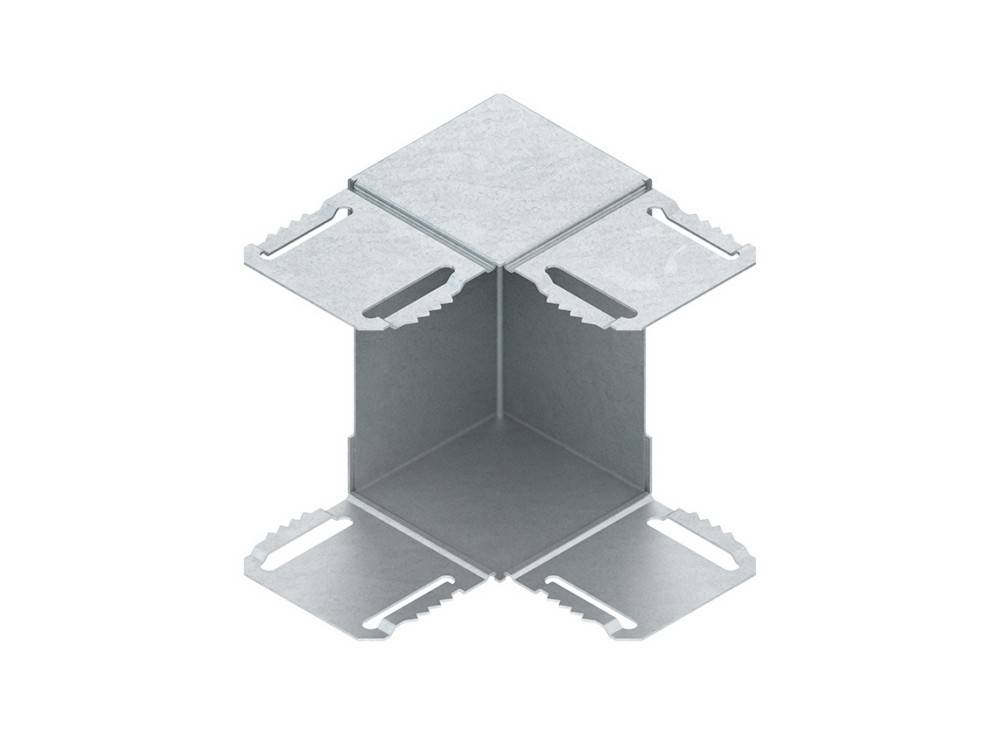 Eine Metalleckwinkel mit drei Schenkeln, der zum Verbinden von Balken im rechten Winkel beim Bauen oder bei der Möbelmontage verwendet wird.