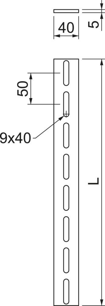 Technische Zeichnung eines vertikalen Metallträgers mit gleichmäßig angeordneten rechteckigen Schlitzen, mit markierten Abmessungen von '9x40'.