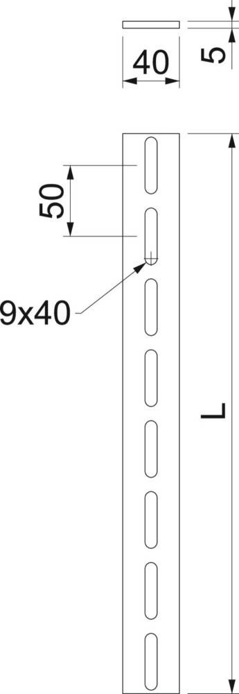 Diagramm, das einen vertikalen Metallstreifen mit gleichmäßig verteilten länglichen Löchern zeigt. Eine Messung von '9x40' ist neben einem der Löcher angegeben.