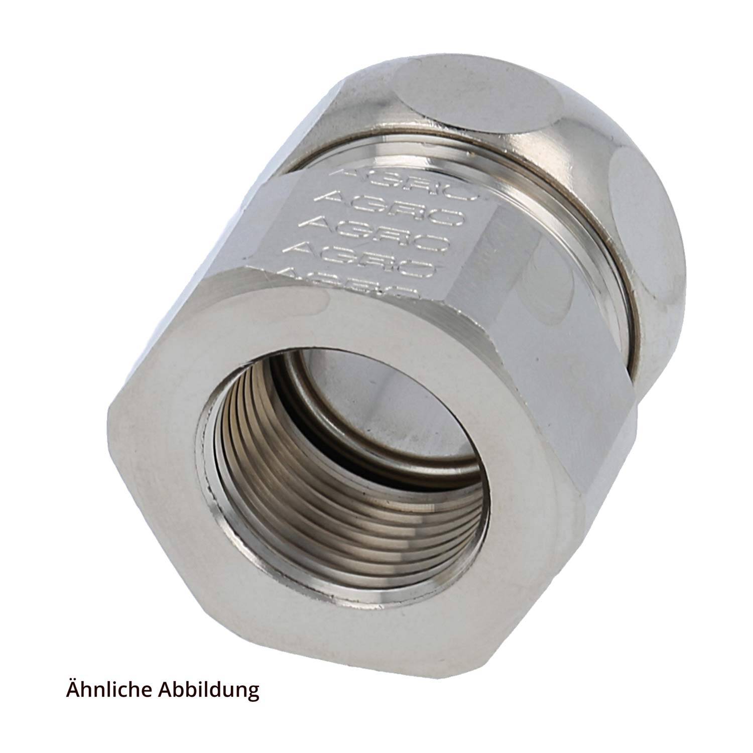 Eine sechseckige Metallfassung mit der Aufschrift 'AGRO' an der Seite, mit einer Gewindebohrung versehen, die zum Befestigen oder Verbinden von Rohren oder Kabeln verwendet wird.
